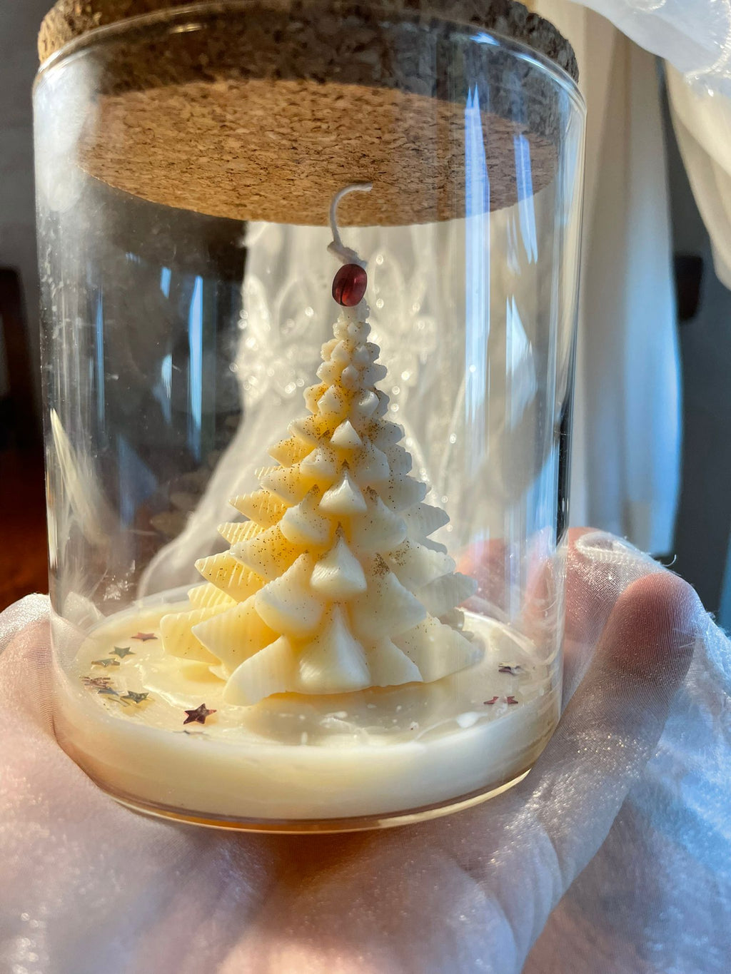 Candela artigianale in vaso di vetro, idea regalo Natale, gnomo, renna, fiocco di neve, albero di Natale (a scelta)