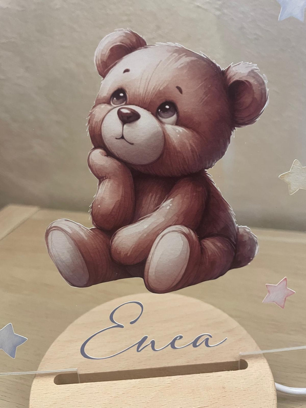 Lampada led luce nottura con plexiglass e base in legno, nascita, cameretta