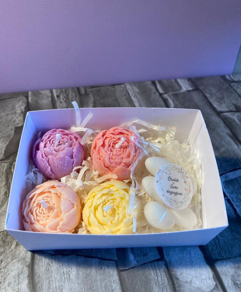 Candele boccioli peonie, cera di soia, battesimo, nascita, matrimonio bomboniera