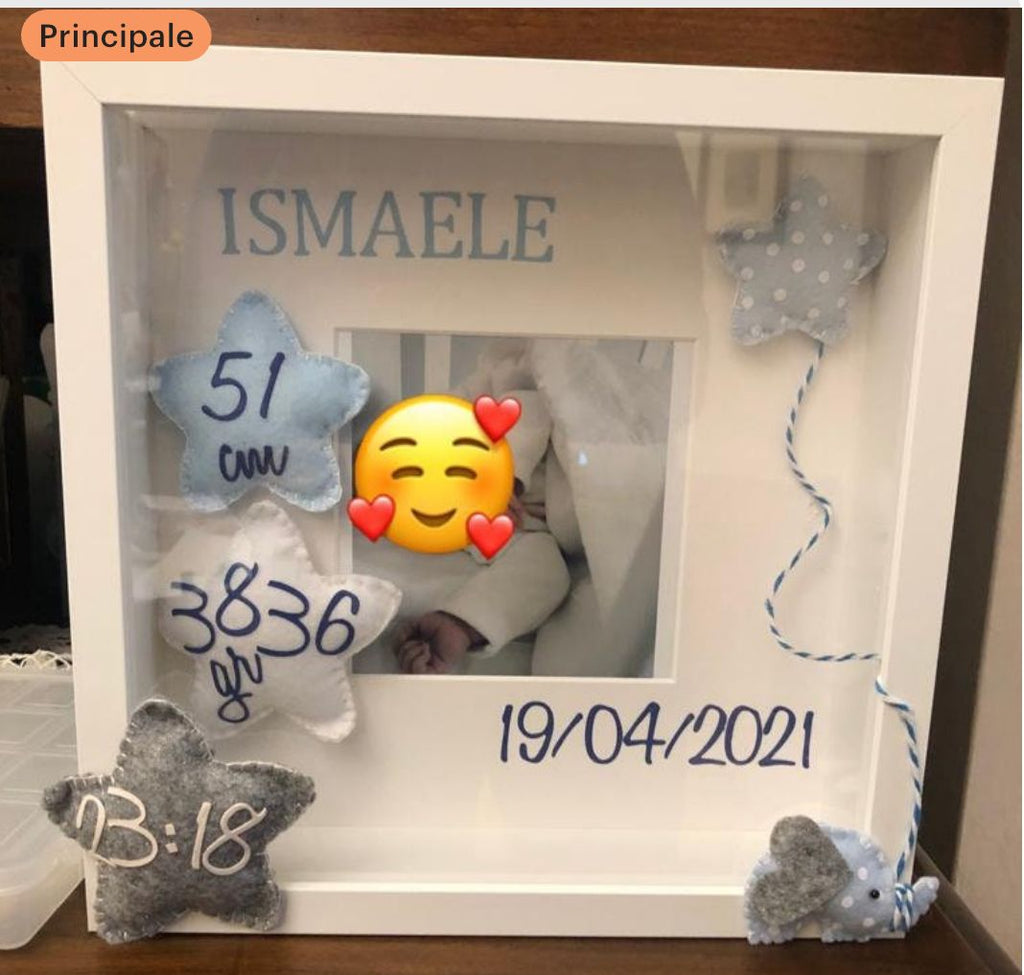 Quadretto personalizzato NASCITA con i dati del bimbo Shadow box  New Baby - Cornice in legno 25x25 prof. 5 cm.