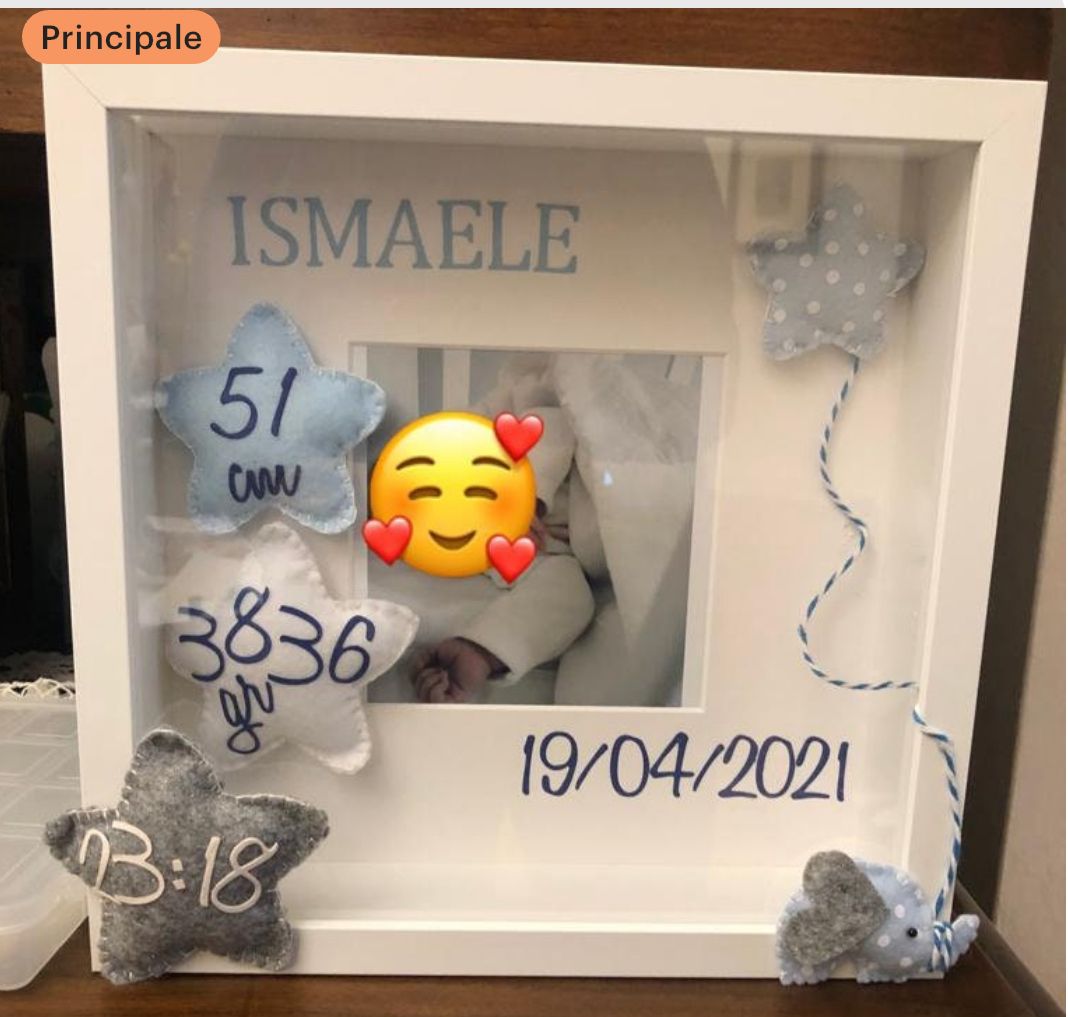 Quadretto personalizzato NASCITA con i dati del bimbo Shadow box  New Baby - Cornice in legno 25x25 prof. 5 cm.