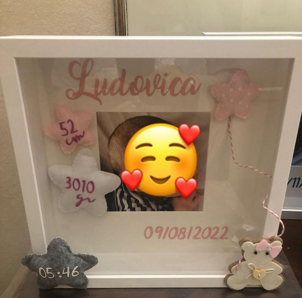 Quadretto personalizzato NASCITA con i dati del bimbo Shadow box  New Baby - Cornice in legno 25x25 prof. 5 cm.